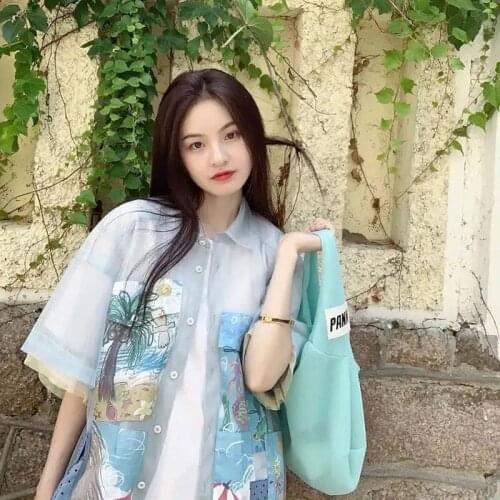 Retro Turn Down Collar Mesh Spliced Shirts Chiffon Blouses Short Sleeve Single-breasted Pockets Gauze Cardigan Crop Tops Blusas