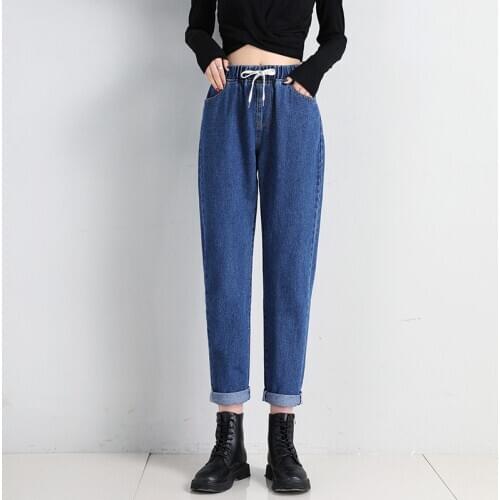 High-quality Korean womens straight casual elastic waist lace-up high-waist jeans womens loose old ankle length pants women