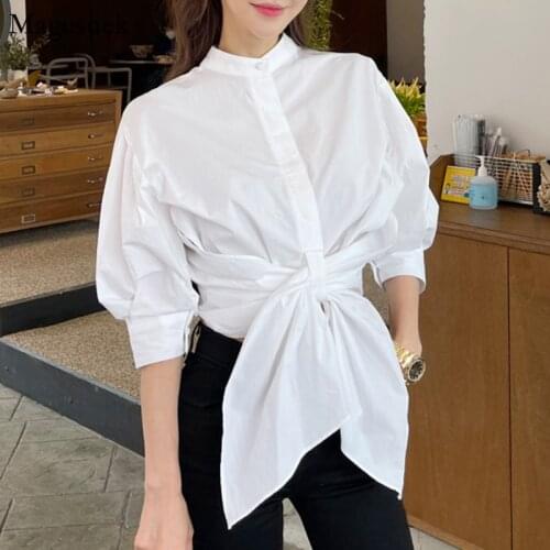 Korean Style White Shirt Women Summer 2021 Half Sleeve Lace-Up Waist Casual Blouses Fashion Stand Collar Lady Tops Blusas 15548