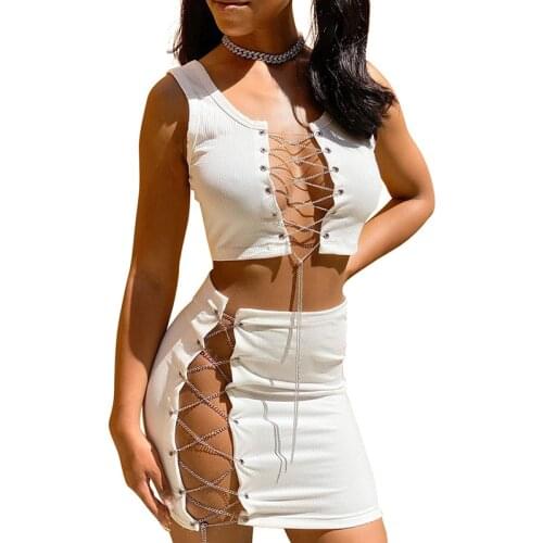 Summer Women Bodycon Lace Up Hollow Out Metal Chain Two Piece Sets Women Skirt Sleeveless Crop Top Mini Skirts Set Female 2021