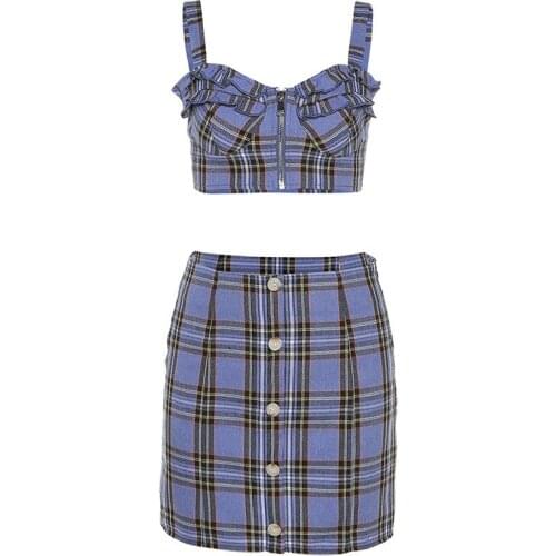 2021 Summer Womens New Style Plaid Sling Zipper Cardigan Bag Hip Skirt Two-Piece Suit