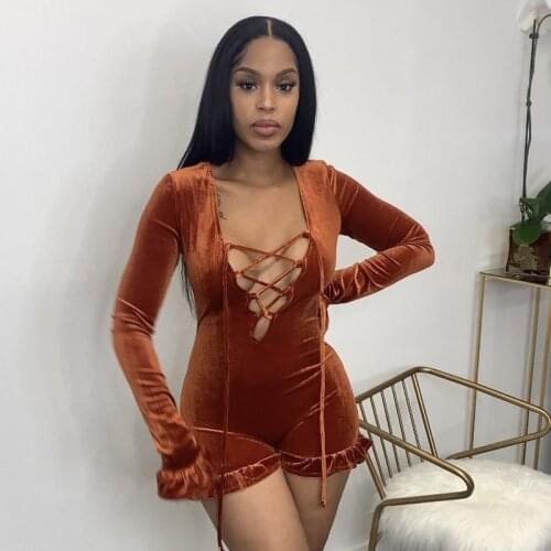 Women Low Cut Lace Up Long Sleeve Bodysuits Sexy Fleece Ruffle Shorts Jumpsuit 2021 Autumn Warm Vintage One Piece Rompers