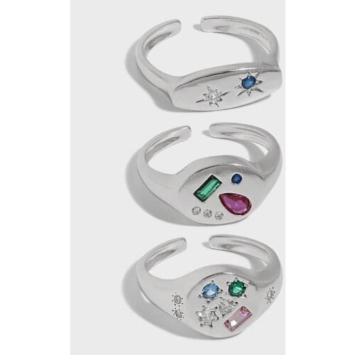 SHANICE S925 Sterling Silver Open Ring Small design sense geometric micro-inlaid color zircon Opening Female Couple jewelry