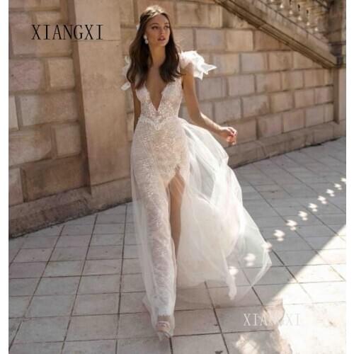 2020 Lace Backless Bridal Gowns High Slit V Neck See Through Customized Beach Wedding Dress Boho Wedding Dresses