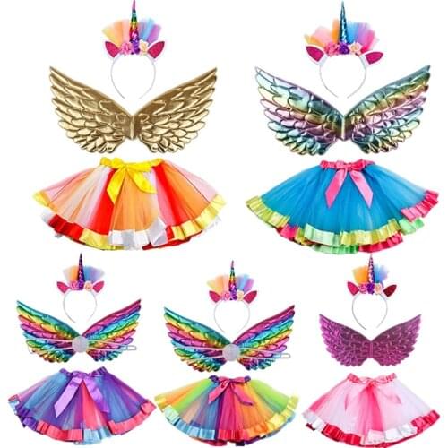 3Pcs/Set New Girl Tutu Pompout Dress Hair Hoop Angel Wing Suit Girls Prom Dress