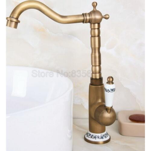 Deck Mounted Antique Brass Single Handle Kitchen Sink Faucet Swivel Spout Wash Basin Faucets Cold & Hot Taps Wnf606