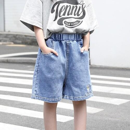 Childrens cotton denim shorts girls' embroidered wide-leg three-quarter pants summer thin big kids pants