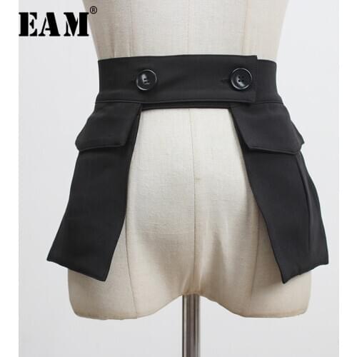[EAM] Black Pocket Irregular Split Join Tlong Wide Belt Personality Women New Fashion Tide All-match Spring Autumn 2021 1Y833