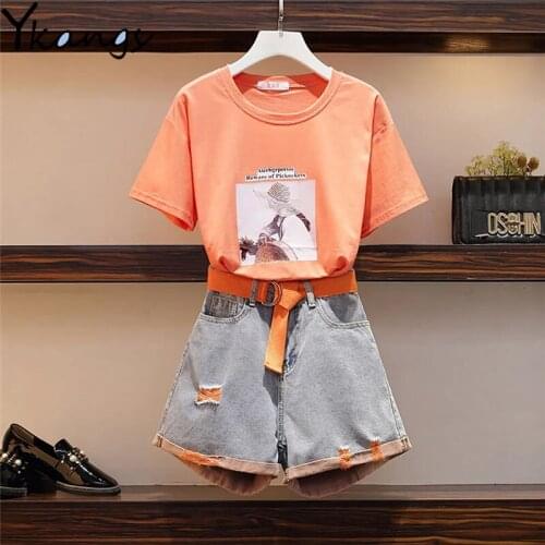 New Style Printed T-shirt Ladies Denim Shorts Home Set Ladies Shorts High Waist Summer Top Sportswear Fashion Hollow Out Design