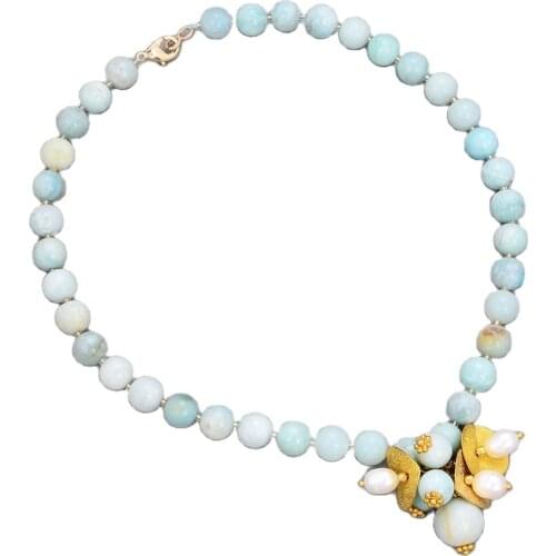 GuaiGuai Jewelry White Rice Pearl 10mm Natural Amazonite Necklace