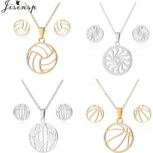 Personality Basketball Pendant Necklaces for Men Women Stainless Steel Jewelry Set Simple Round Compass Earings Boyfriend Gift