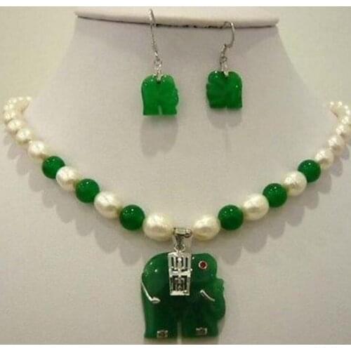 White pearl green natural jade elephant pendant necklace earring set