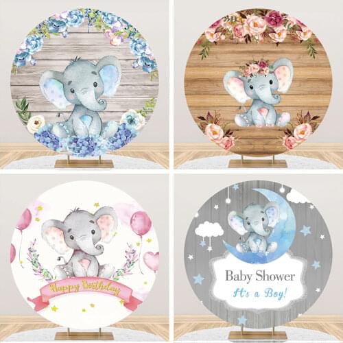 Laeacco Blue Elephant Boys Shower Party Round Circle Backdrops For Photography Baby Portrait Customized Poster Photo Backgrounds
