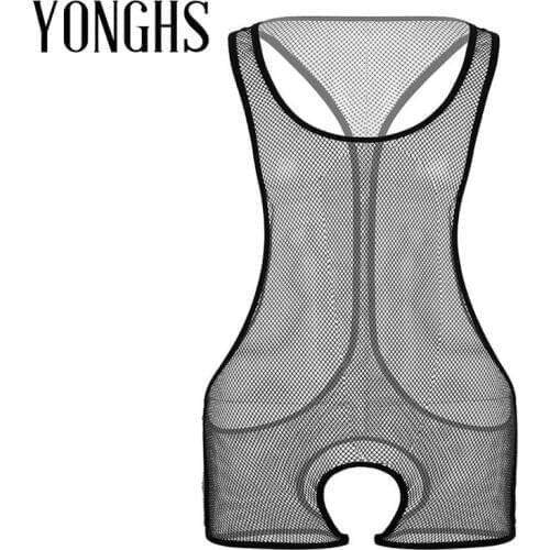 Mens Lingerie Sex Fishnet Bodysuit See Through Sheer Sleeveless Scoop Neck Crotchless Jumpsuit Bodysuit Exotic Male Nightwear