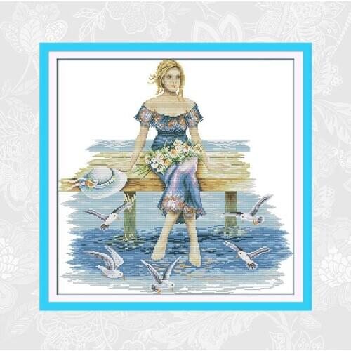 Beauty in the seaside Cross Stitch Pattern 14CT 11CT Printed Canvas Cross Stitch Kits DIY Handmade Needlework Embroidery Sets