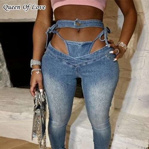 2021 New Style Fashion High Wait Denim Pant Women Sexy Fake 2 Pieces Underwear Hollow Cut Out Waist Lace Up Bandage Pencil Pants