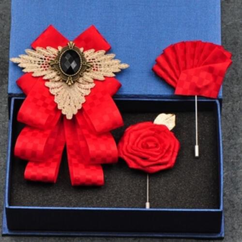 New Handmade Ribbon Brooch Bowtie Bow Tie Vintage Rhinestone Elegant Jewelry Collar Pin Cravat Wedding Accessories Pocket Square