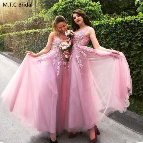 Dusty Pink Long Tulle Bridesmaid Dresses With Lace A Line Sleeveless Plus Size Wedding Guest Dress Wholesale Robe De Soiree