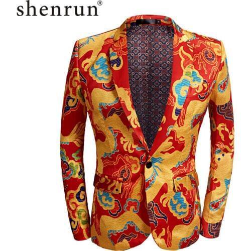 SHENRUN Tide Men ChineseStyle Red Gold Dragon Design Casual Suit Jacket Plus Size Singer Costume Wedding Groom Prom Party Blazer