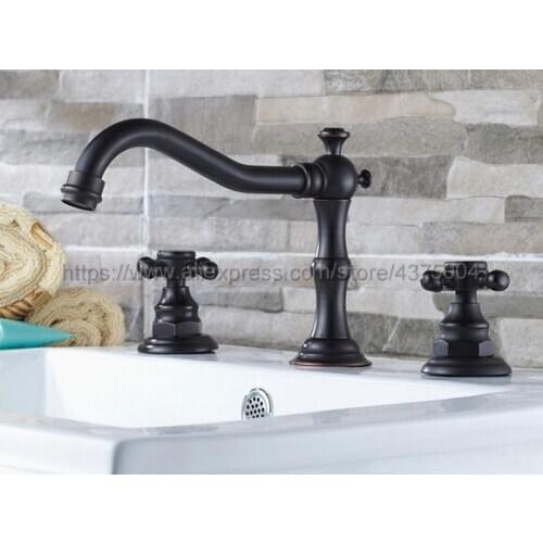 Basin Faucet Deck Mounted 3 piece set Bathroom Black Oil Rubbed Brass Two Handle Sink Mixer Tap Nnf200