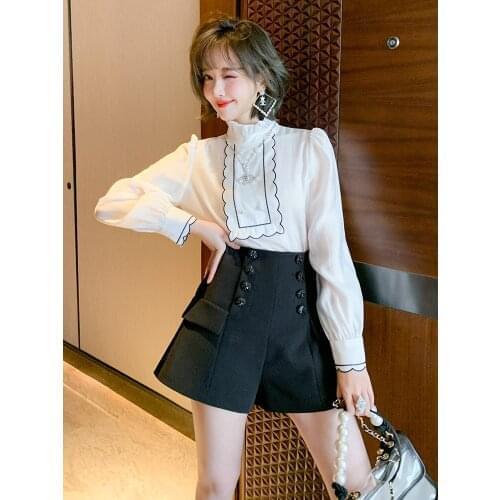 Court style wood ear stcollar bubble sleeve double breasted shirt womens wear 2021 Spring new High Quality Top Quality