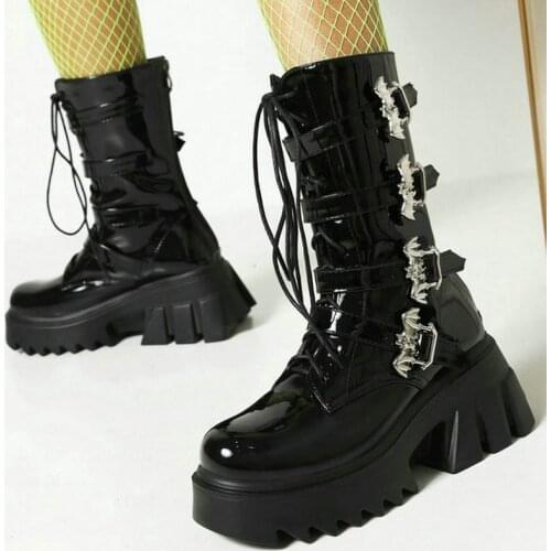 Platform Square High Heel Women Ankle Boots Patent PU Leather Buckle Ladies Motorcycle Boots Short Plush Fall Winter Womens Boo