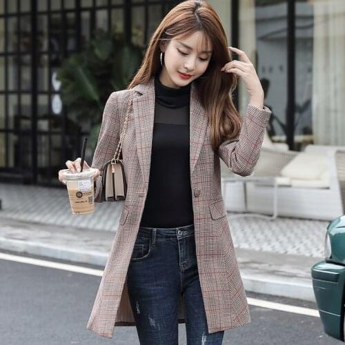 IZICFLY New Red Plaid Autumn Winter Long Sleeve Coat Women Elegant Slim Business Office Jackets Blazers long OL Styles Outwear