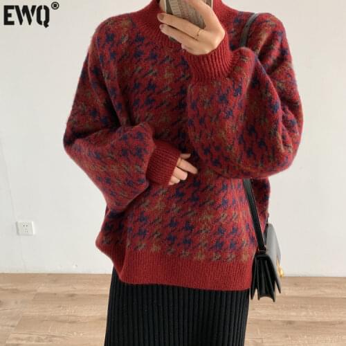 [EWQ] Korea Casual Trend Women Half High Neck Pullover Houndstooth Fashion Loose Warm Long-sleeved Sweater Autumn 2021 16E2425