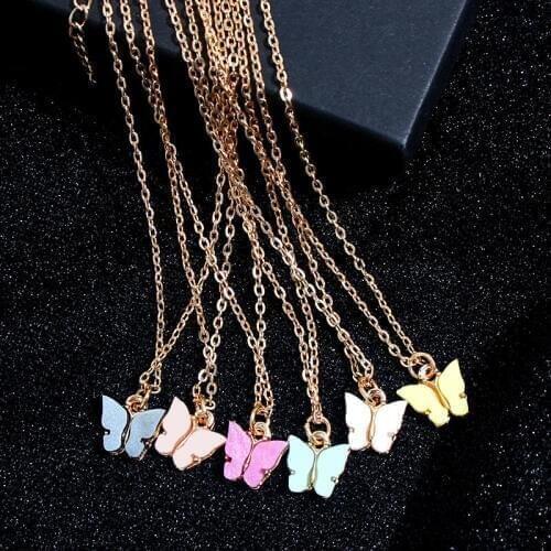 Flatfoosie Korean Cute Butterfly Necklace For Women Gold Color Long Chain Pendant Necklace Statement Fashion Charm Jewelry Gifts