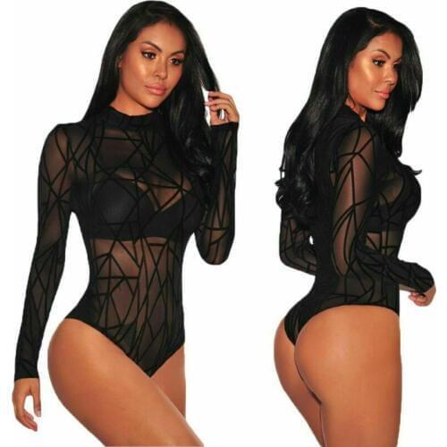 Women Lace Bodysuit Ladies Long Sleeve Top Bodysuit Lingerie Black Sheer Club
