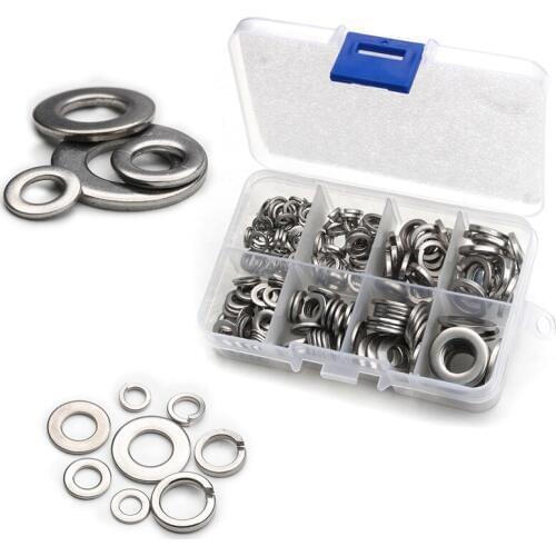 200PCS M5/M6M/8/M10 Stainless Steel Flat Plain Washer Spring Washers Gaskets Fastener Assortment Kit