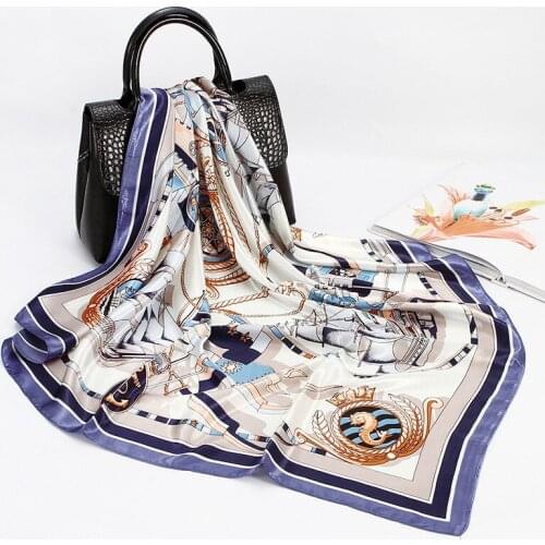 2020 Fashion Luxury Square Scarf Women Italian Style Belt Print Big Shawl Hijab Wraps Polyester Satin Headband Kerchief 90x90cm