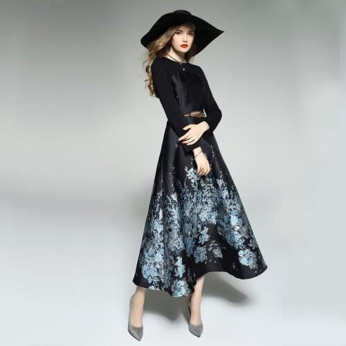 2021 Spring Jacquard Dress Brocade England Style O Neck Dress Women Long Sleeve Party Evening Clothing Mid-Calf Ball Gown