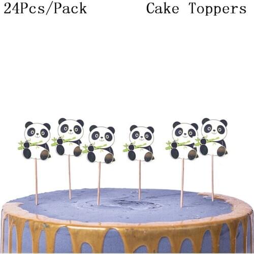 24pcs Panda Happy Birthday Party Cake Topper Kids Favors Decorate Cupcake Toppers Panda Baby Shower Supplies