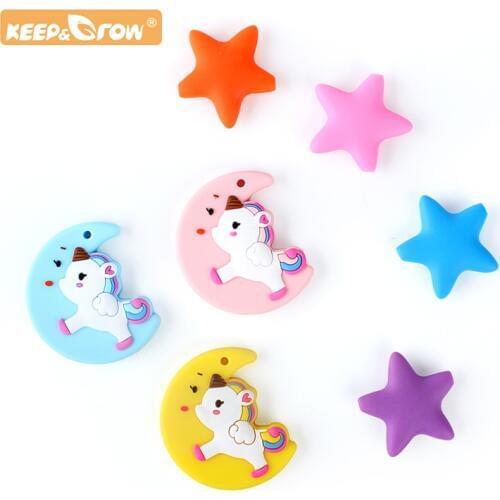 Keep&Grow 3pcs Moon Unicorn Silicone Teether Star Silicone bead Baby Teething Beads Chewable Infants Nursing Nipple Chain Tools