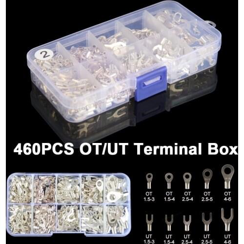460pcs/box Ring O Fork U Terminal Brass Crimp Terminals Kits Non Insulated Wire Connector Assortment Crimp Spade Cable Lug Set