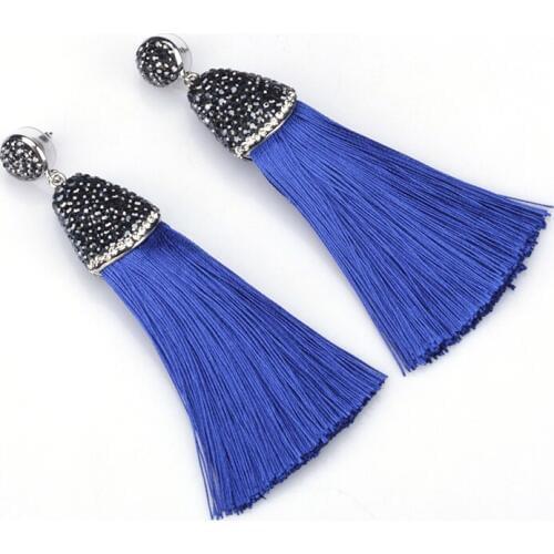 Boho Dark Blue Royal Blue Chunky Silk Thick Tassel with Blak Rhinestone Cap Charm Studs Top Long Dangle Tassel Earring For Women