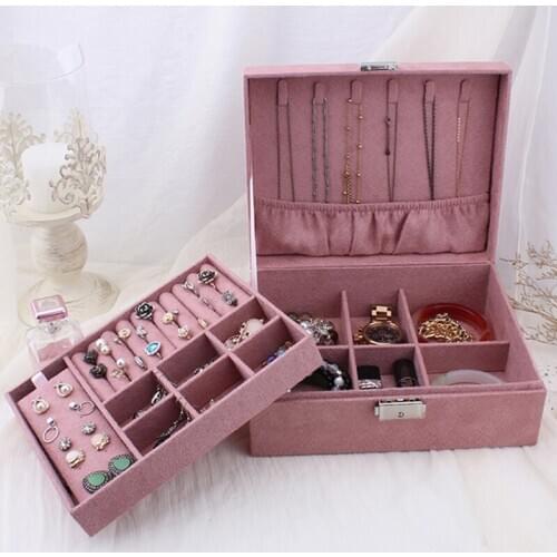 Wooden Jewelry Box Female Single Layer With Lock Flannel Jewelry Box Retro Jewelry Box Double Layer Jewelry Storage Box Ring Box