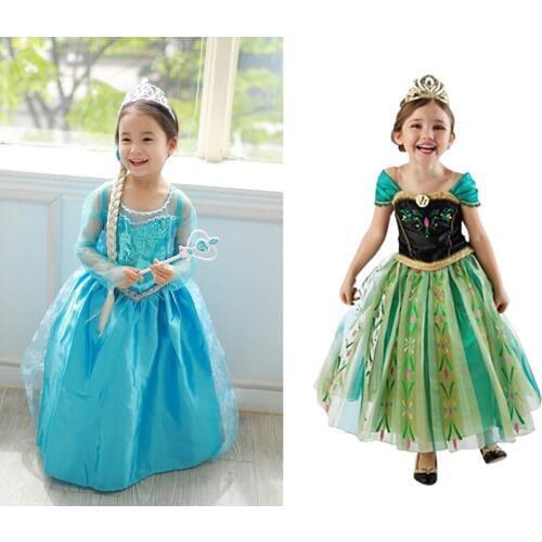 VOGUEON Girls Elsa Anna Coronation Party Dress up Children Sequined Long Train Princess Cosplay Costume Girl Dress for Halloween