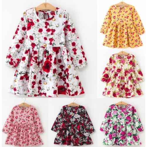 2019 Autumn Girl Dress Cotton Long Sleeve Children Dresses Floral Pattern Kids Dresses for Girls Fashion Girls Clothing Princess