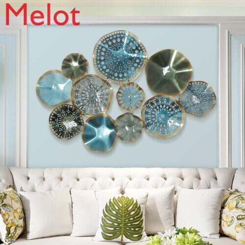 European Creative Wall Hanging Metal Round Blue Flower Ornaments Crafts Decoration 3D Stereo Home Wall Background Sofa Mural Art