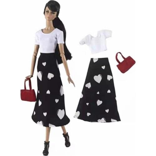 11.5" Classic White T-shirt Top Black Love-heart Print Skirt 1/6 BJD Clothes for Barbie Doll Outfits Bag 30cm Dolls Accessories