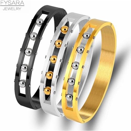 FYSARA Stainless Steel Hollow Bead Bangles Bracelets for Women Men Black Gold Color Width Bangles Punk European Jewelry