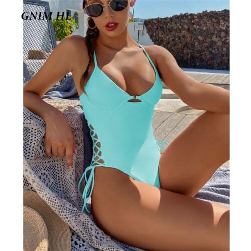 GNIM High Waist Bandage Swimwear Women Push Up Backless Solid Swimsuit One-Piece High Cut Beachwear Drawstring Bathing Suit New