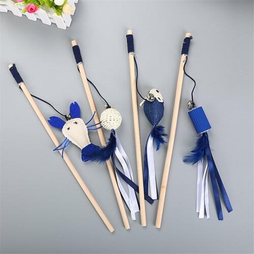 40cm Pet Cat Teaser Toys Feather Linen Wand Cat Catcher Teaser Stick Cat Interactive Wood Rod Mouse Toy With Mini Bell
