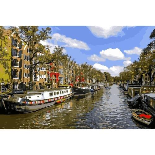 PX-08 Amsterdam canal barge diy oil painting by numbers Europe landscape acrylic paint wall painting digital unique gifts