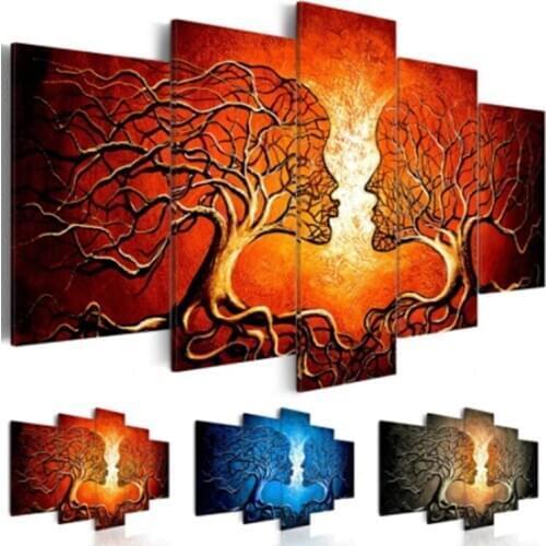 Canvas Painting Home Decor 5 Pieces Kiss Tree Red Blue Yellow Color Love Pictures Prints Abstract Poster Modular Room Wall Art