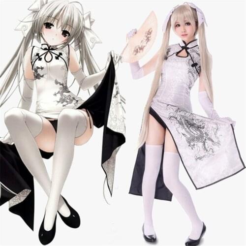 Sora Kasugano cosplay cheongsam Yosuga no Sora Cosplay clothing White or black costume+Gloves + Socks + High heels+Wig