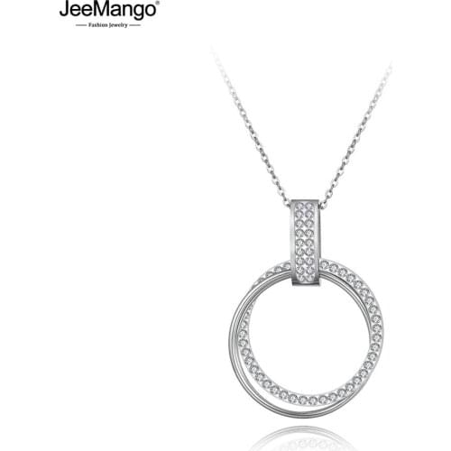 JeeMango New Pave Setting Rhinestone Double Circle Pendant Necklaces For Women Stainless Steel Wedding Necklace Jewelry JN19071