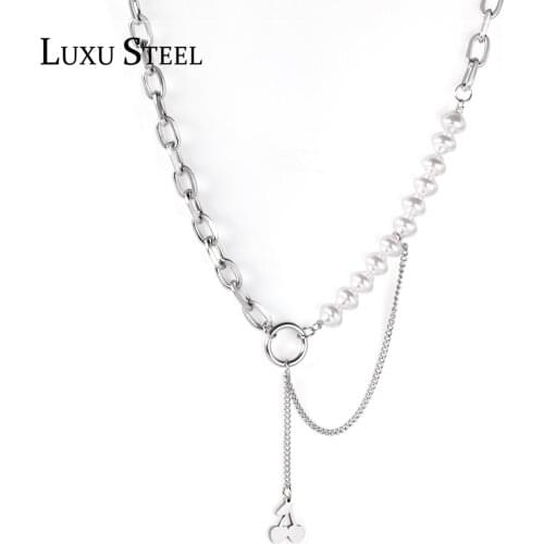 LUXUSTEEL Cherry Imitation Pearls Necklaces Women Silver Color Stainless Steel Long Cuban Link Chains Necklace Hiphop Party